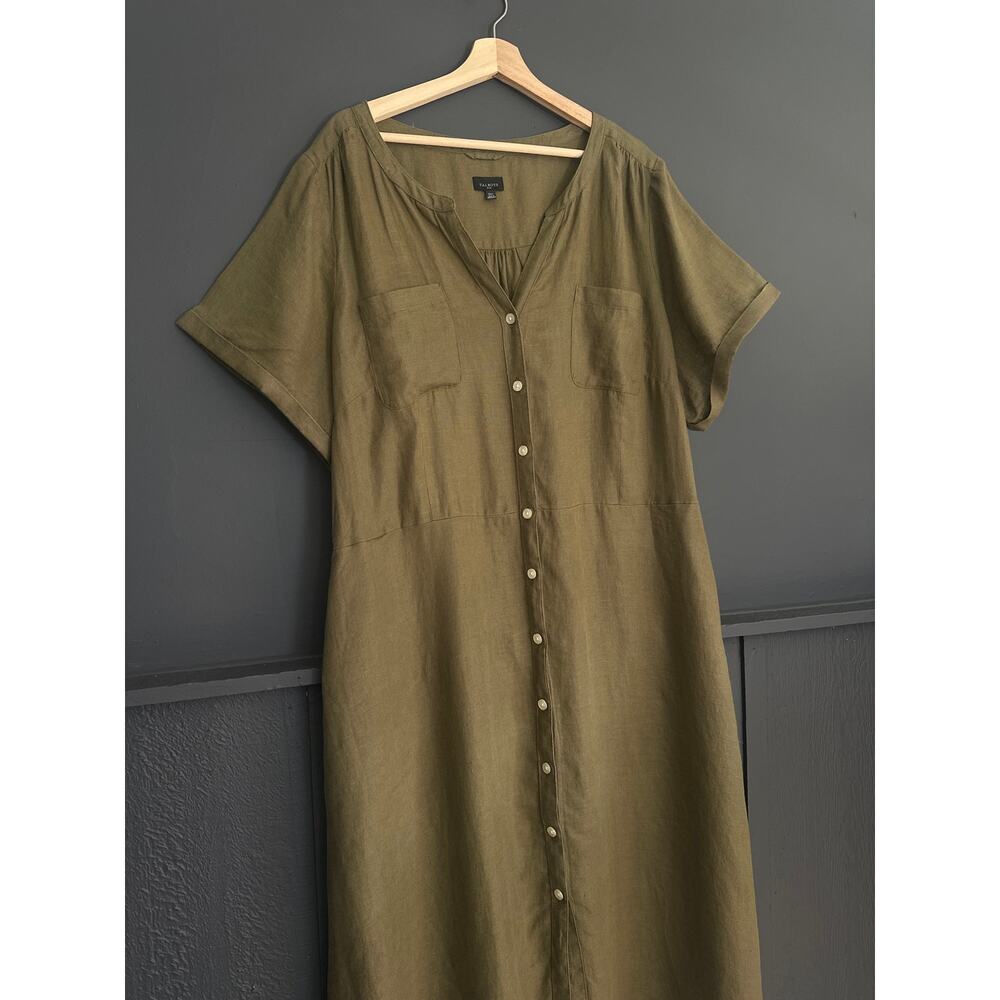 Talbots 100% Linen Olive Green Button Front Midi Shirtdress Waist Tie Size 22W - Picture 4 of 11